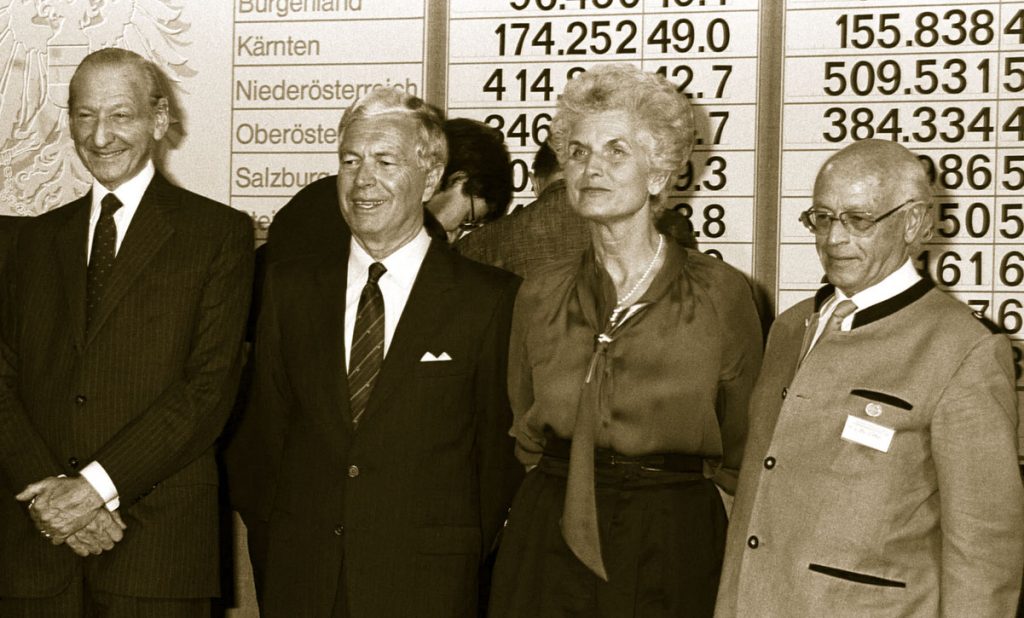 Nach der Wahl 1986: Waldheim, Steyrer, Meissner-Blau, Scrinzi.
